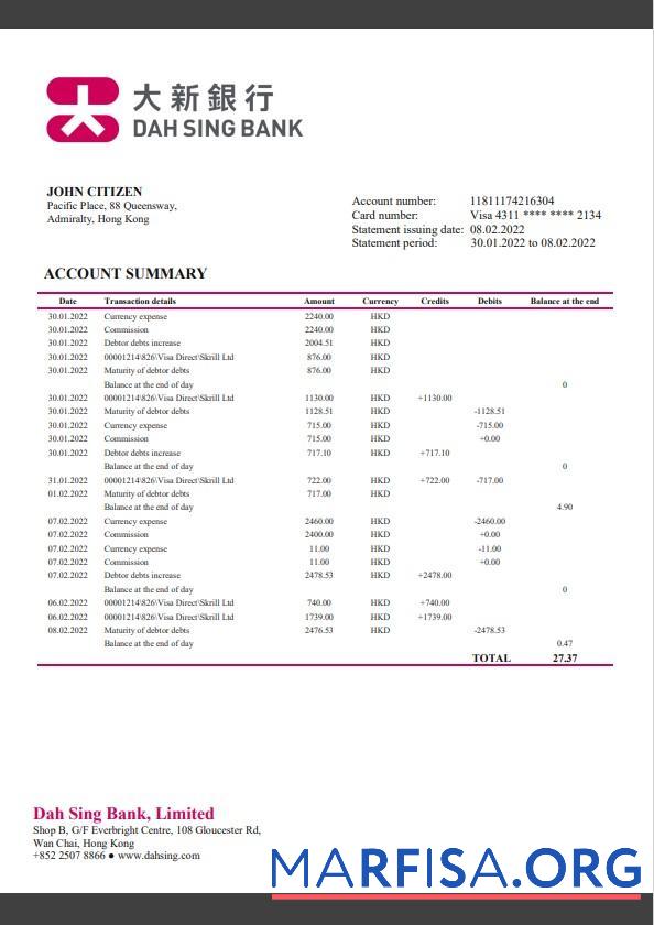 Printable Hong Kong DAH Sing Bank statement word real example